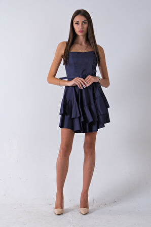 Lacivert İp Askılı Bel Kemer Bağlamalı Mini Boy Abiye 0802004.02
