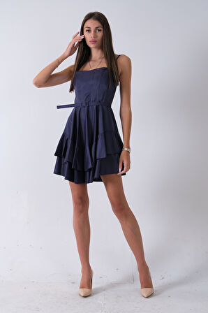 Lacivert İp Askılı Bel Kemer Bağlamalı Mini Boy Abiye 0802004.02