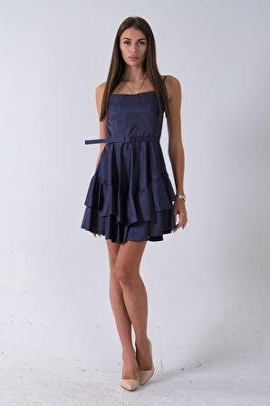 Lacivert İp Askılı Bel Kemer Bağlamalı Mini Boy Abiye 0802004.02