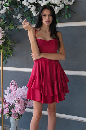 Kırmızı İp Askılı Bel Kemer Bağlamalı Mini Boy Abiye 0802004.08