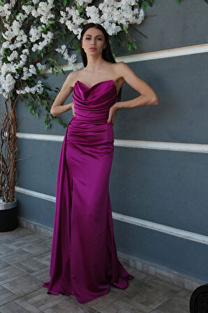 Violet Straplez Drape Detaylı Yırtmaçlı Saten Kumaş Abiye Elbise 1607209.273