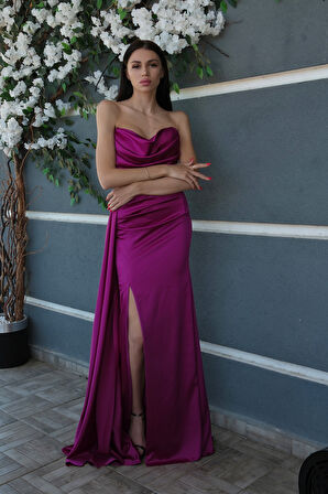 Violet Straplez Drape Detaylı Yırtmaçlı Saten Kumaş Abiye Elbise 1607209.273