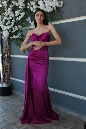 Violet Straplez Drape Detaylı Yırtmaçlı Saten Kumaş Abiye Elbise 1607209.273