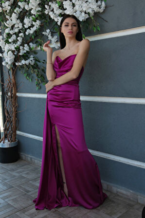 Violet Straplez Drape Detaylı Yırtmaçlı Saten Kumaş Abiye Elbise 1607209.273
