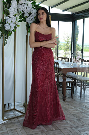 Bordo Taş İşlemeli Uzun Balık Abiye 0801056.04