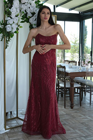 Bordo Taş İşlemeli Uzun Balık Abiye 0801056.04