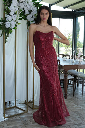 Bordo Taş İşlemeli Uzun Balık Abiye 0801056.04