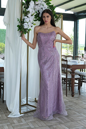 Lavanta Taş İşlemeli Uzun Balık Abiye 0801056.333