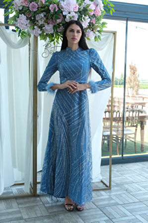 İndigo Kol Uçları Tüylü Abiye Elbise 6502437.98