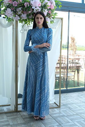 İndigo Kol Uçları Tüylü Abiye Elbise 6502437.98