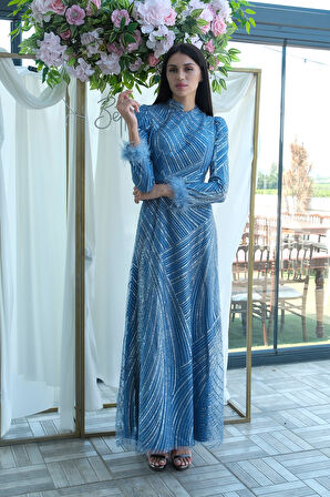 İndigo Kol Uçları Tüylü Abiye Elbise 6502437.98