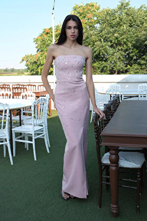 Pudra Kadın Straplez Taş Detaylı Yırtmaçlı Abiye Elbise 0801045.79