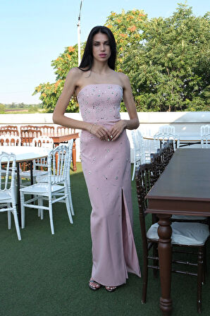 Pudra Kadın Straplez Taş Detaylı Yırtmaçlı Abiye Elbise 0801045.79