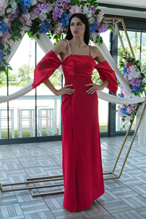 Kırmızı  Kolları Şifon Yırtmaçlı Abiye 9705139.08