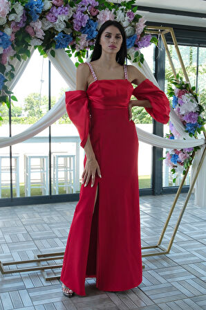 Kırmızı  Kolları Şifon Yırtmaçlı Abiye 9705139.08