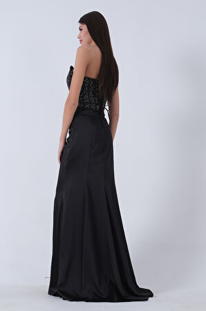 Siyah Göğüs Pul ve Taşlı Saten Abiye 9705294.01