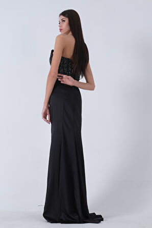 Siyah Göğüs Pul ve Taşlı Saten Abiye 9705294.01