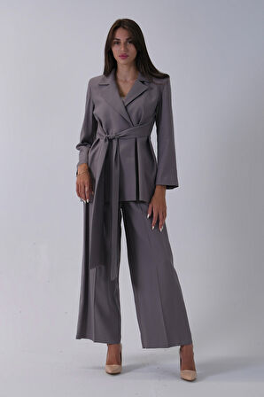 Gri Ceket Kuşak Bağlama Detaylı Pantolonlu Takım 0106327.06