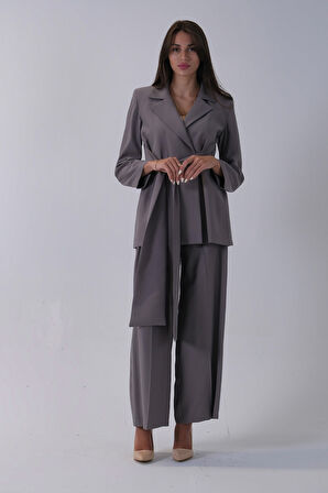 Gri Ceket Kuşak Bağlama Detaylı Pantolonlu Takım 0106327.06