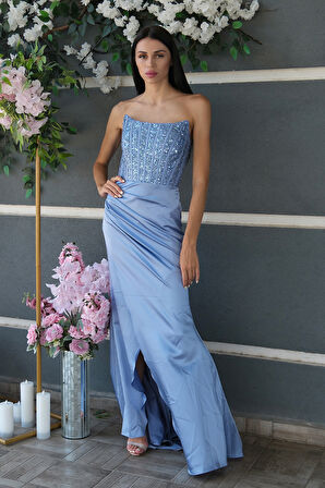 Bebe Mavi Göğüs Pul ve Taşlı Saten Abiye 9705294.449