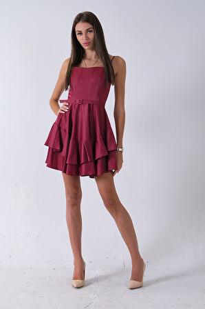 Bordo İp Askılı Bel Kemer Bağlamalı Mini Boy Abiye 0802004.04