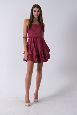 Bordo İp Askılı Bel Kemer Bağlamalı Mini Boy Abiye 0802004.04