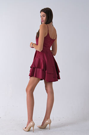 Bordo İp Askılı Bel Kemer Bağlamalı Mini Boy Abiye 0802004.04