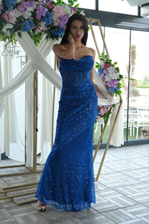 Saks Pul Taş İşlemeli Straplez Balık Abiye 9705304.26