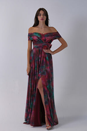 Bordo Beli Çiçek Detaylı Desenli Şifon Abiye 0801102.04