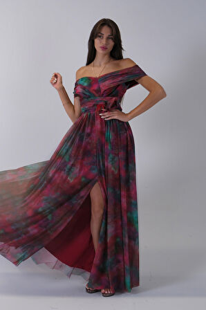 Bordo Beli Çiçek Detaylı Desenli Şifon Abiye 0801102.04