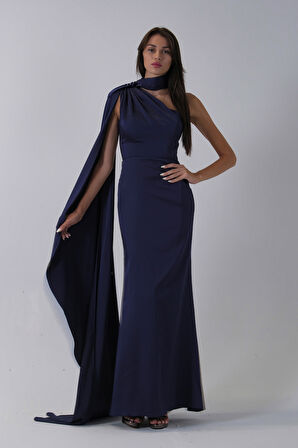 Lacivert Yaka Kuşak Detaylı Tek Omuz Abiye 0801099.02