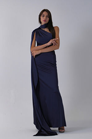 Lacivert Yaka Kuşak Detaylı Tek Omuz Abiye 0801099.02