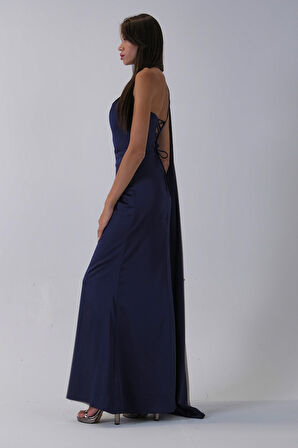 Lacivert Yaka Kuşak Detaylı Tek Omuz Abiye 0801099.02