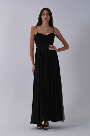 Siyah Askılı Drapeli Uzun Şifon Abiye 08020032.01