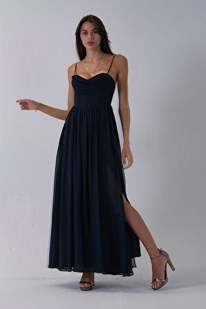 Lacivert Askılı Drapeli Uzun Şifon Abiye 08020032.02