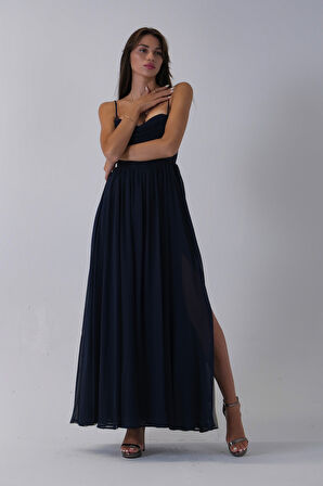 Lacivert Askılı Drapeli Uzun Şifon Abiye 08020032.02