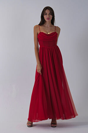 Kırmızı Askılı Drapeli Uzun Şifon Abiye 08020032.08