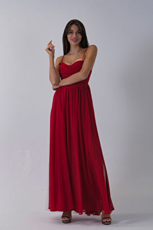 Kırmızı Askılı Drapeli Uzun Şifon Abiye 08020032.08