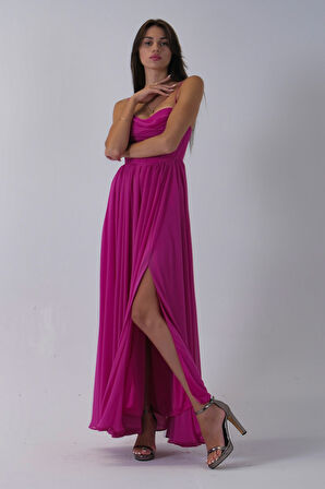 Fuşya Askılı Drapeli Uzun Şifon Abiye 08020032.12