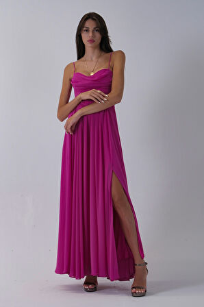 Fuşya Askılı Drapeli Uzun Şifon Abiye 08020032.12