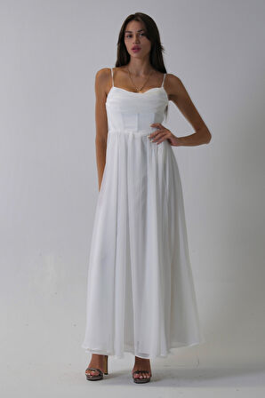 Beyaz Askılı Drapeli Uzun Şifon Abiye 08020032.15