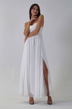 Beyaz Askılı Drapeli Uzun Şifon Abiye 08020032.15