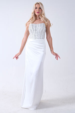 Beyaz Göğüs Pul ve Taşlı Saten Abiye 9705294.15