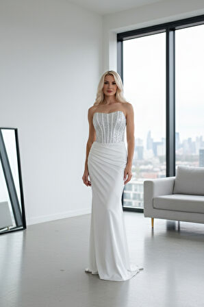 Beyaz Göğüs Pul ve Taşlı Saten Abiye 9705294.15