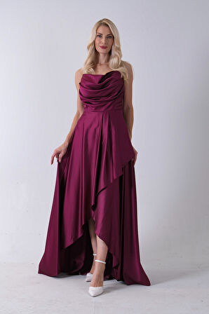 Mürdüm Yırtmaç Detaylı Saten Abiye Elbise  4522348.21