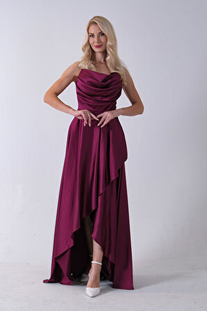 Mürdüm Yırtmaç Detaylı Saten Abiye Elbise  4522348.21