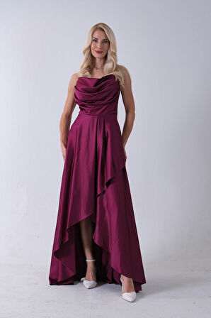 Mürdüm Yırtmaç Detaylı Saten Abiye Elbise  4522348.21