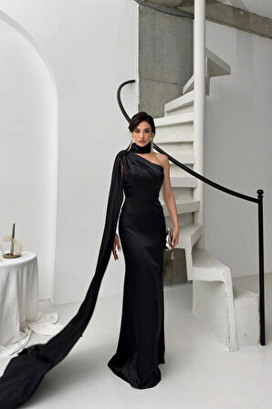 Siyah Yaka Kuşak Detaylı Tek Omuz Abiye 0801099.01