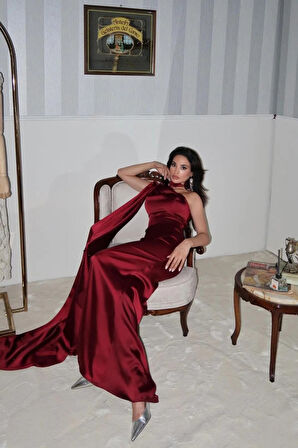 Bordo Yaka Kuşak Detaylı Tek Omuz Abiye 0801099.04