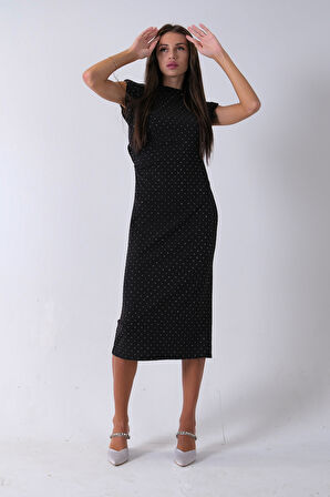 Siyah Büzgülü Üzeri Taş Detaylı Elbise 03050336.01